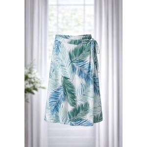 Tahari Wrap Skirt 100% Linen Blue Green White Palm Tropical Tie MIDI Size M